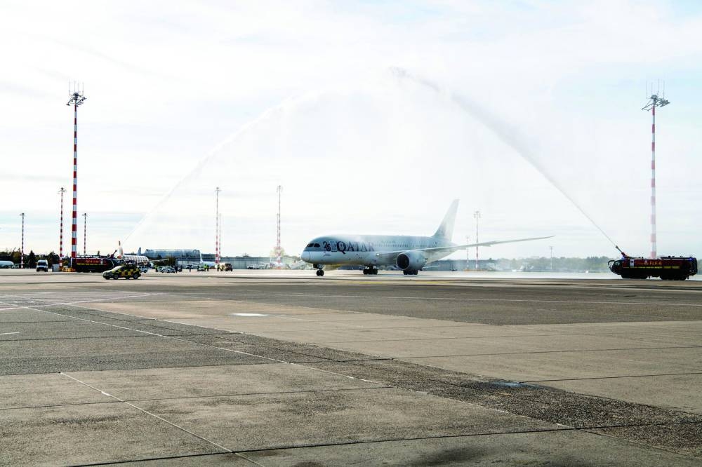 The flight was welcomed with a water cannon salute upon arrival.