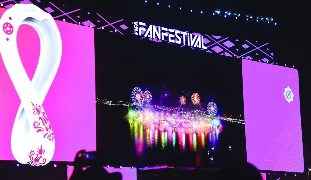 Spectacular fireworks display shown on the mega-screen.