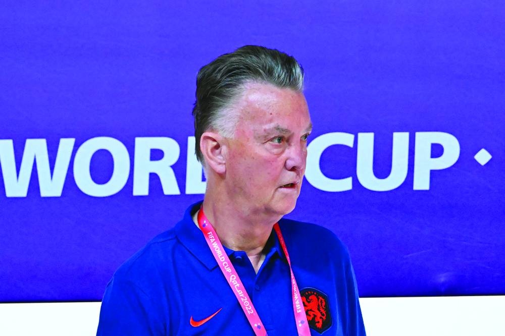Netherlands' coach Louis Van Gaal holds apress conference at the Qatar National Convention Centre (QNCC) in Doha on Sunday. (AFP)