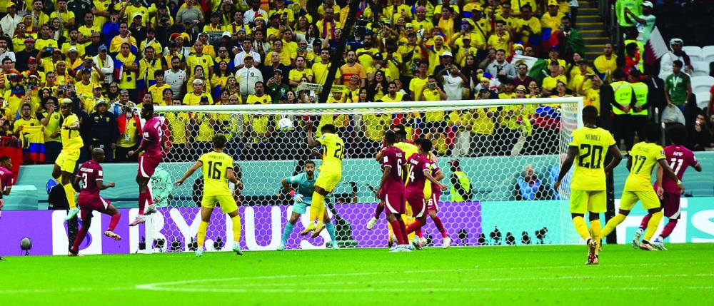 Qatar and Ecuador players in action during their FIFA World Cup Qatar 2022 Group A match at Al Bayt Stadium in Al Khor on Sunday. PICTURE: Shaji Kayamkulam
