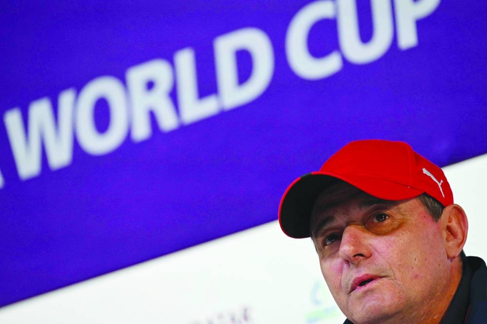 Serbia’s coach Dragan Stojkovic attends a press conference at the Qatar National Convention Center in Doha on the eve of the Qatar 2022 World Cup match against Cameroon. (AFP)