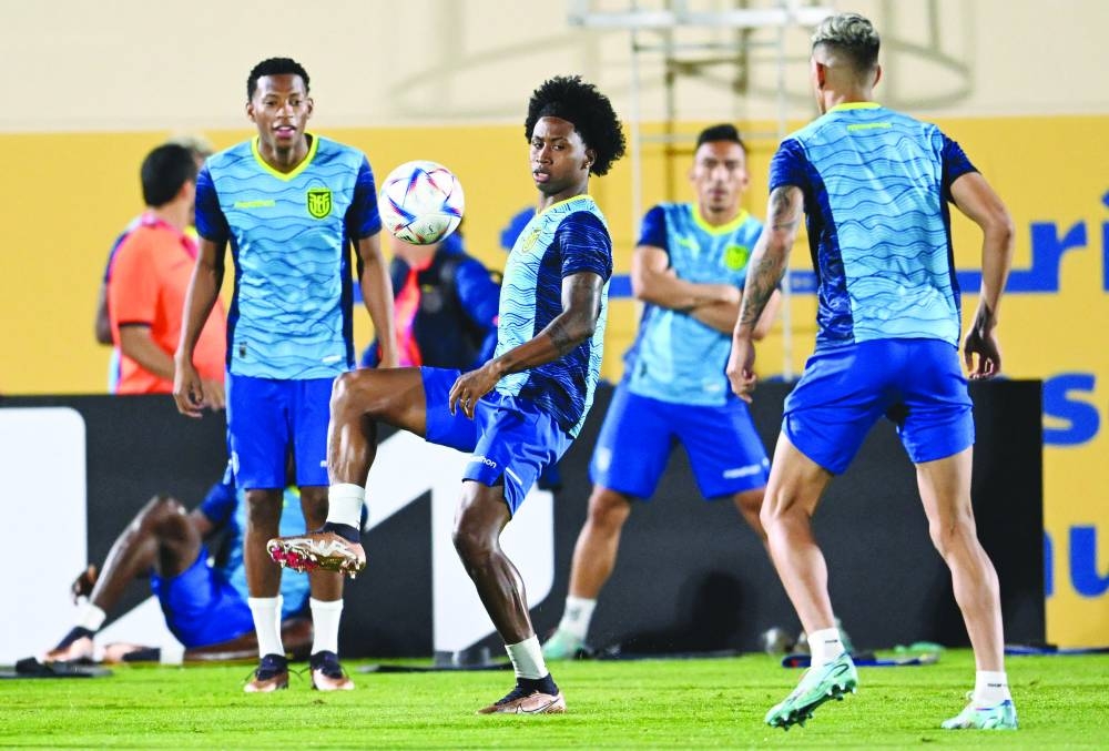Ecuador’s defender Angelo Preciado (centre) controls a ball during a training session at Mesaimeer SC training facilities in Doha yesterday.