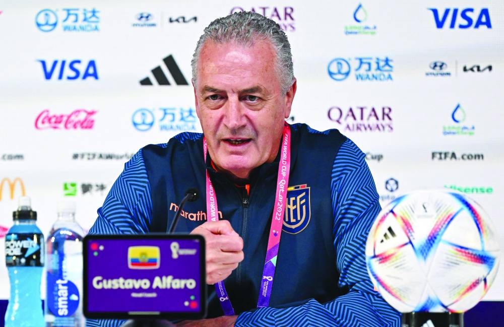 Ecuador’s Argentinian coach Gustavo Alfaro speaks at a press conference at the Qatar National Convention Centre (QNCC) in Doha yesterday.