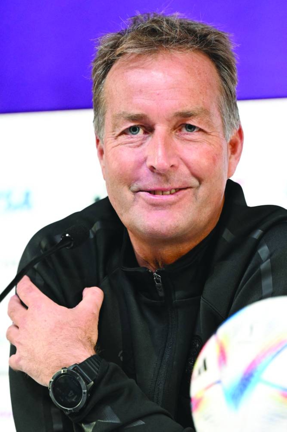 Denmark’s coach Kasper Hjulmand attends a press conference at the Qatar National Convention Centre (QNCC) in Doha, yesterday.