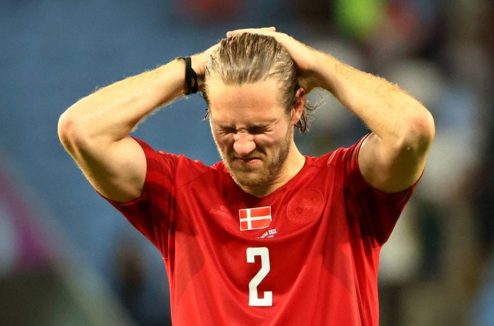 Denmark's Joachim Andersen looks dejected after being eliminated from the World Cup.