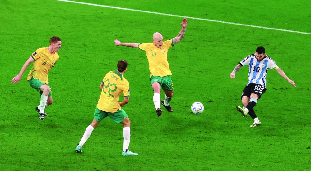 Argentina's Lionel Messi shoots at goal during the match against Australia in the Round of 16 at the FIFA World Cup Qatar 2022 at Ahmad Bin Ali Stadium. (Reuters)