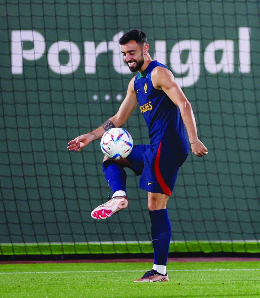 Bruno Fernandes take part in a training session at Al Shahaniya Sports Club yesterday. (AFP, Reuters)