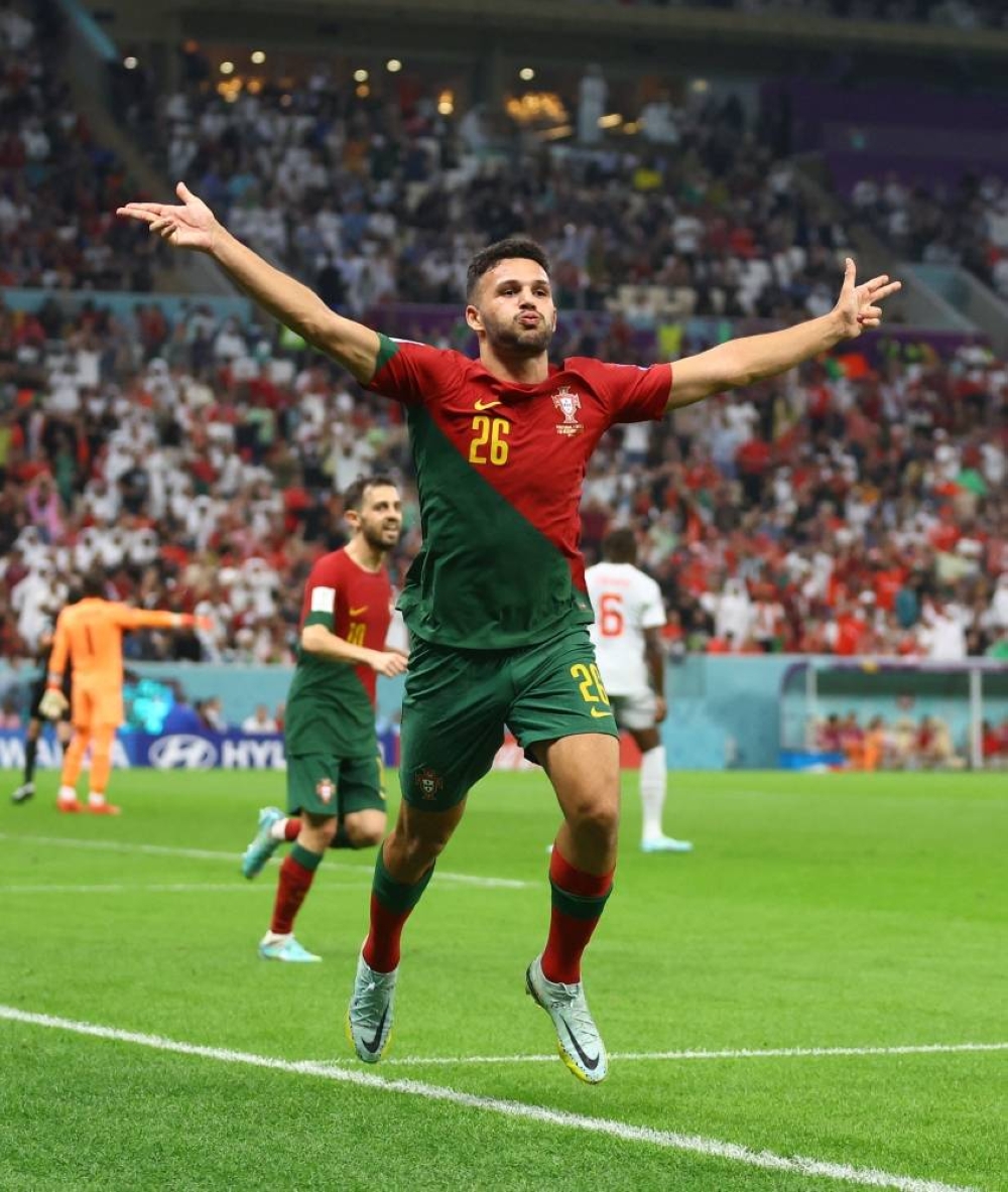 Portugal's Goncalo Ramos celebrates scoring their fifth goal and his hat-trick in the match against Switzerland at the Lusail Stadium Tuesday.