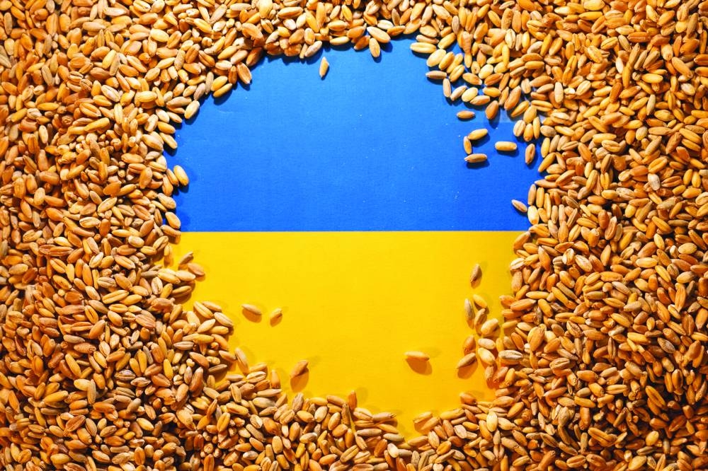 FILE PHOTO: Ukrainian flag is covered with grains in this picture illustration taken on May 9, 2022.