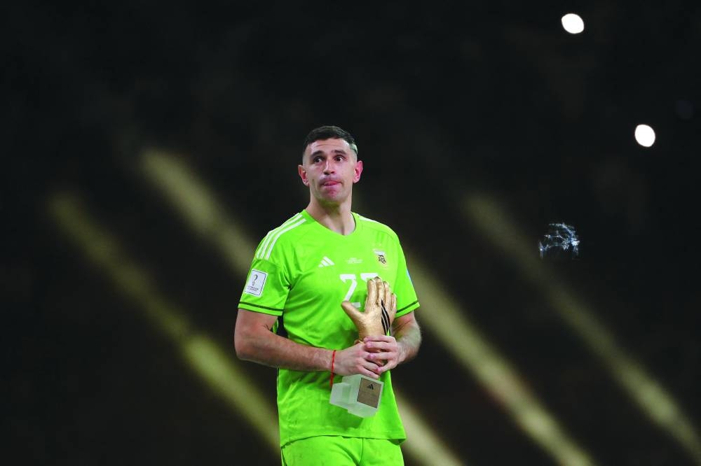 Emiliano Martinez won the World Cup’s Golden Glove award for the most clean sheets with three. (AFP)