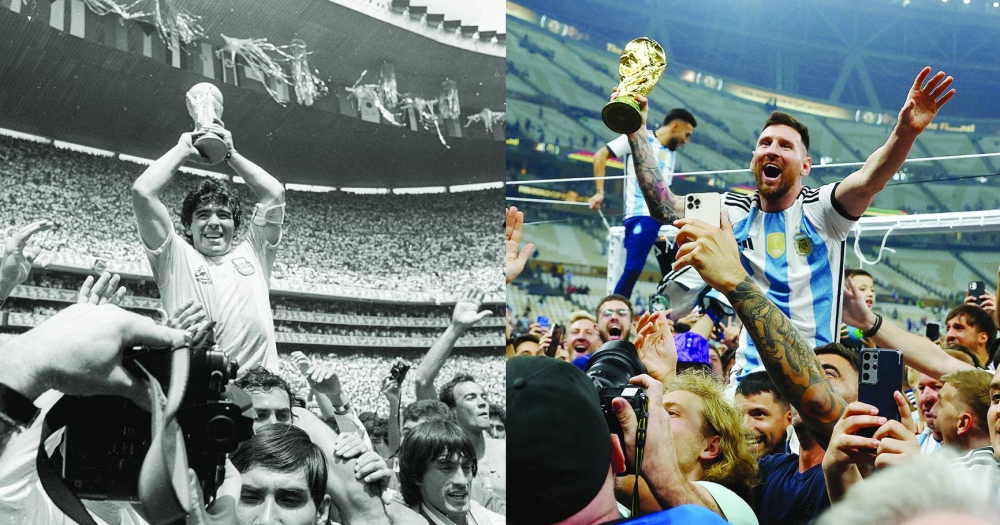 This combination picture shows Argentina’s Lionel Messi and Diego Maradona celebrating with their FIFA World Cup Mexico 1986 and FIFA World Cup Qatar 2022 trophies, respectively. The first picture shows Maradona celebrating with the trophy after winning the 1986 FIFA World Cup in Mexico at Estadio Azteca, Mexico City, Mexico, on June 29, 1986. The second picture shows Messi celebrating with the trophy after winning the FIFA World Cup Qatar 2022 at Lusail Stadium in Lusail, Qatar, on Sunday. (Reuters)