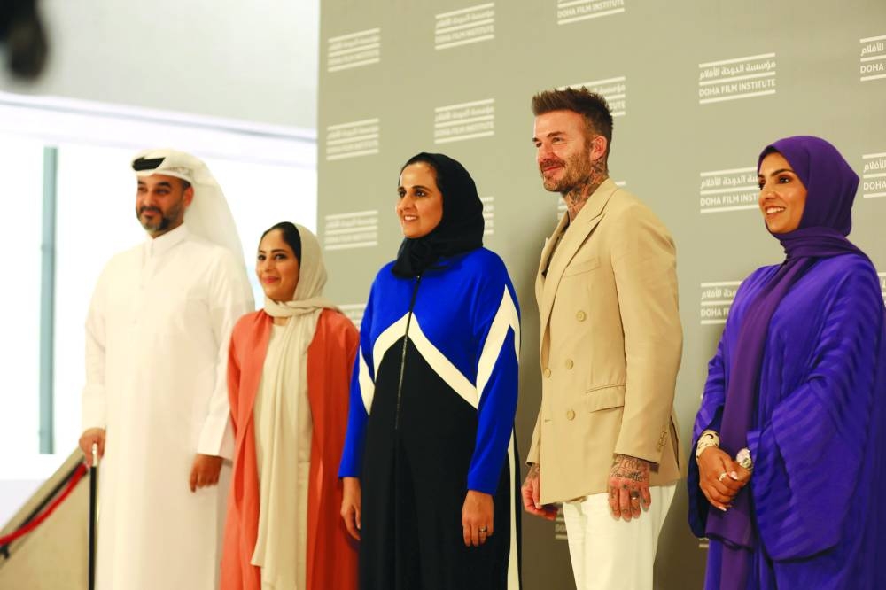 HE Sheikha Al Mayassa bint Hamad bin Khalifa al-Thani with David Beckham and DFI officials.