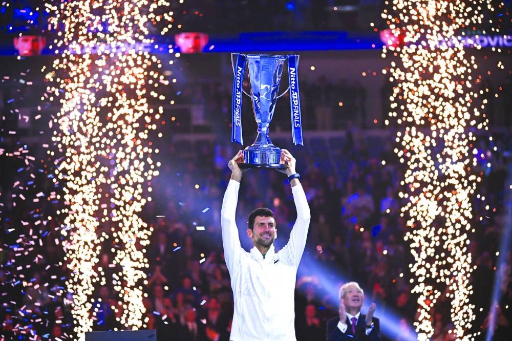 Novak Djokovic of Serbia celebrates after beating Casper Ruud of Norway in the title clash of the ATP Finals in Turin, Italy, on November 20, 2022. Djokovic equalled Roger Federer’s record of six ATP Finals titles after beating Ruud. (@DjokerNole)