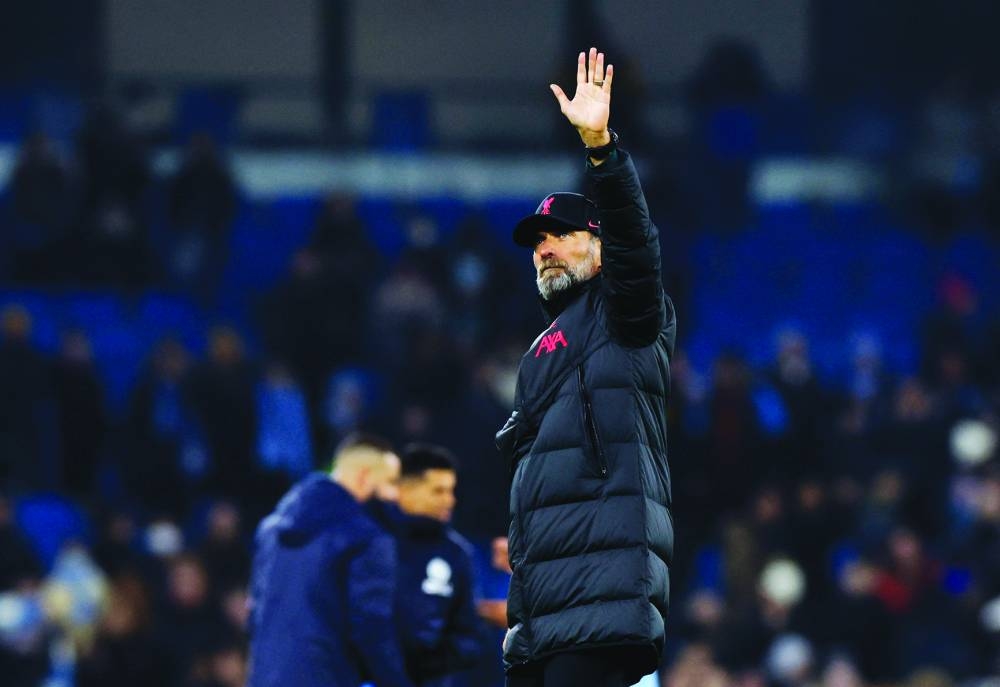 Liverpool manager Juergen Klopp looks dejected after the Round of 16 match of the Carabao Cup against Manchester City at Etihad Stadium, Manchester, Britain, on Thursday. (AFP)
