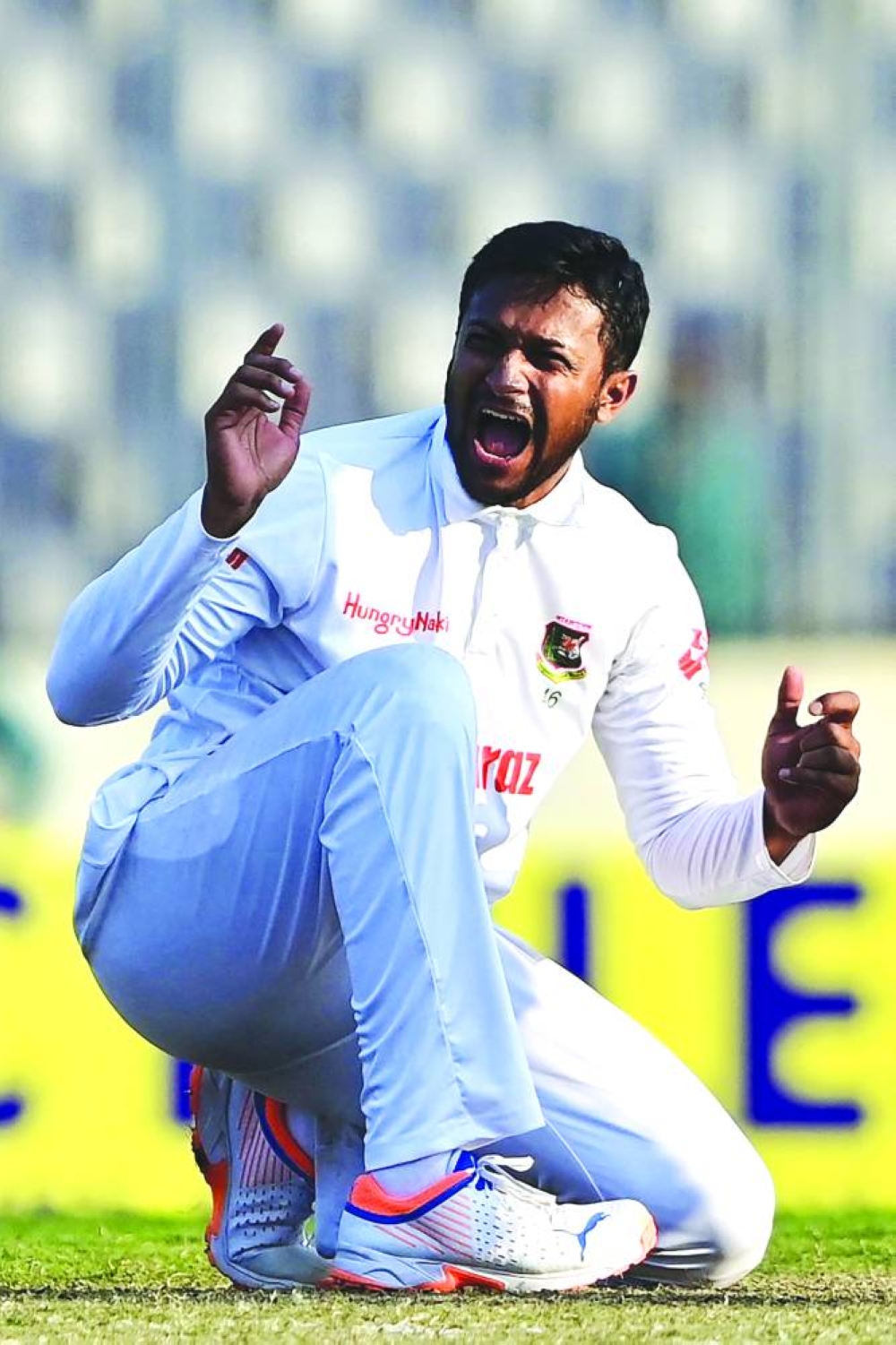 Bangladesh’s Shakib Al Hasan appeals for leg before wicket against India’s Jaydev Unadkat during the second day of the second Test in Dhaka yesterday. (AFP)