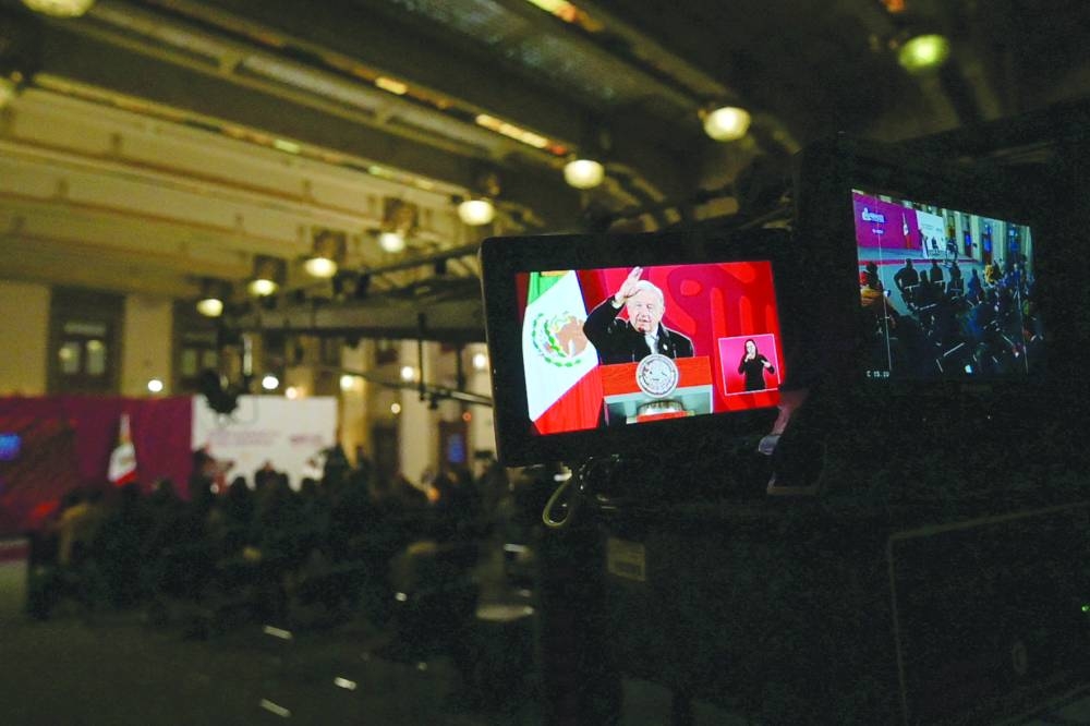 Mexican President Andres Manuel Lopez Obrador speaks during his morning press conference at the National Palace in Mexico City.