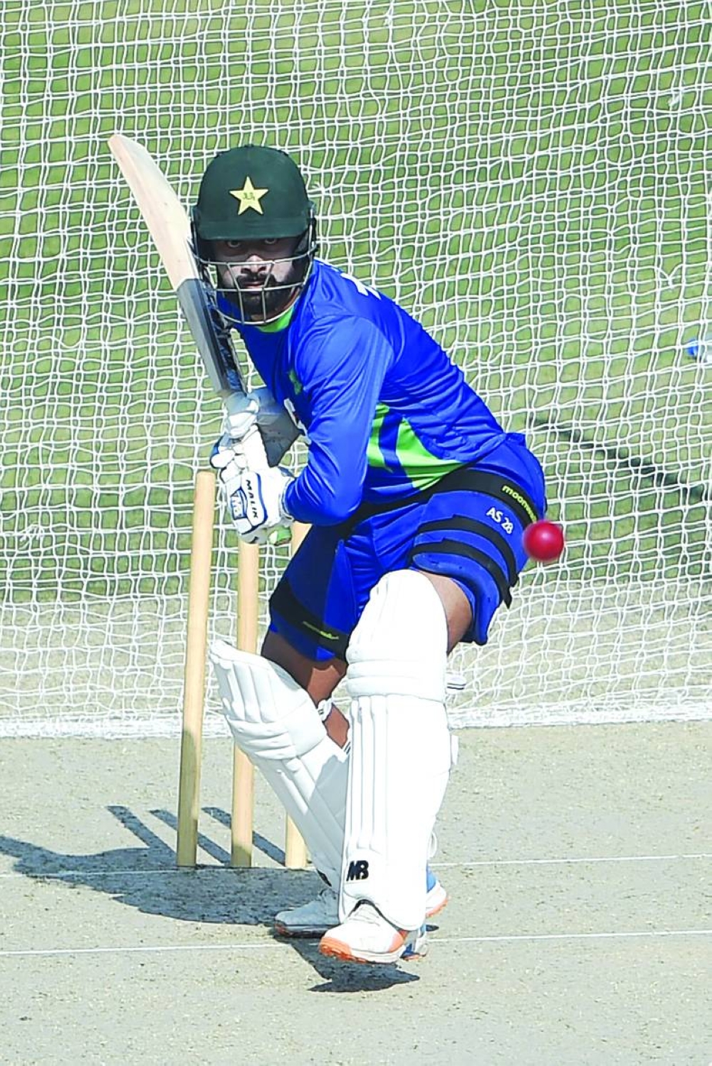 Pakistan's Abdullah Shafique plays a shot during a training session ahead of their first Test against New Zealand at the National Stadium in Karachi yesterday. (AFP)