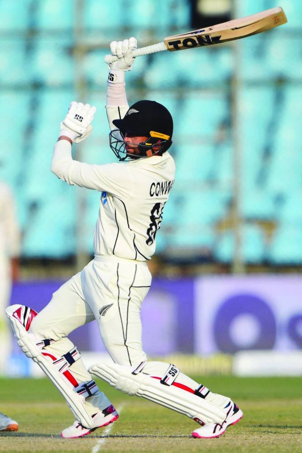 New Zealand’s Devon Conway plays a shot during the second day of the first Test against Pakistan in Karachi yesterday. (AFP)