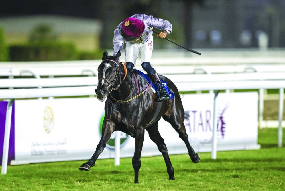 Jockey Faleh Bughanaim rides Al Shaqab Racing’s Subahiyah to victory in the Qatar Oaks Thoroughbreds for three-year-old fillies only – Class 1 (Far Bend) at Al Rayyan Racecourse yesterday. PICTURES: Juhaim
