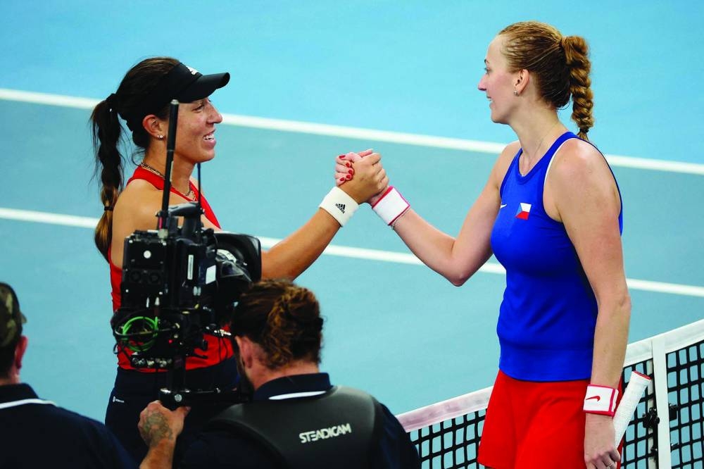 Czech Republic’s Petra Kvitova (right) shakes hand with Jessica Pegula of the US after their singles match of the United Cup in Sydney yesterday. (AFP)