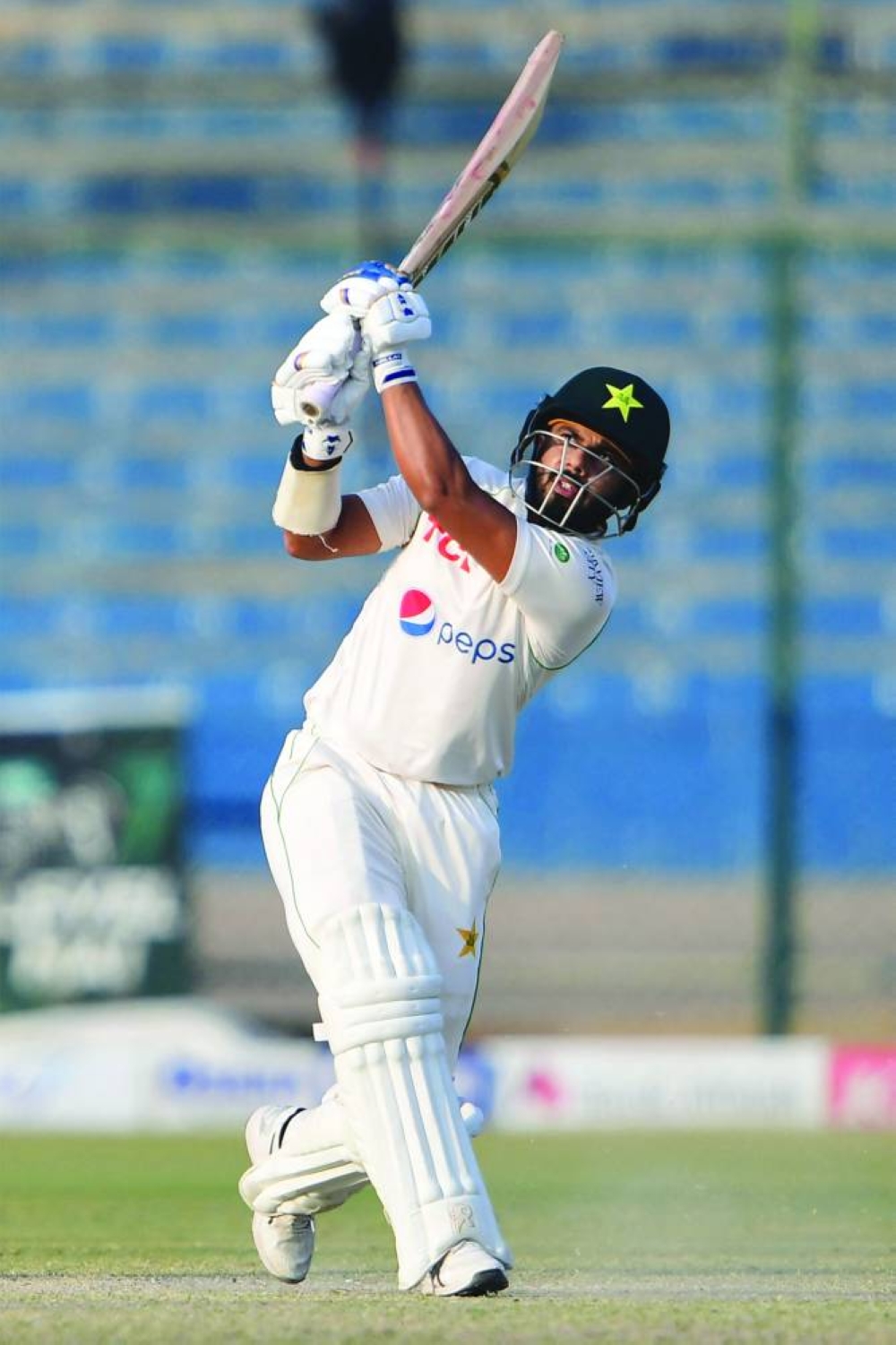 Pakistan's Saud Shakeel plays a shot during the fifth and final day of the first Test against New Zealand at the National Stadium in Karachi yesterday. (AFP)