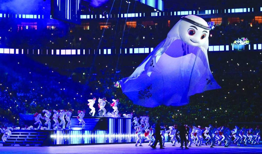 La'eeb, the Official Mascot for this year's FIFA World Cup 2022, seen during the opening ceremony. PICTURE: Shaji Kayamkulam.