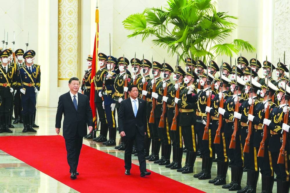 China’s President Xi Jinping and Philippine’s President Ferdinand Marcos Jr during a welcome ceremony at the Great Hall of People in Beijing. 