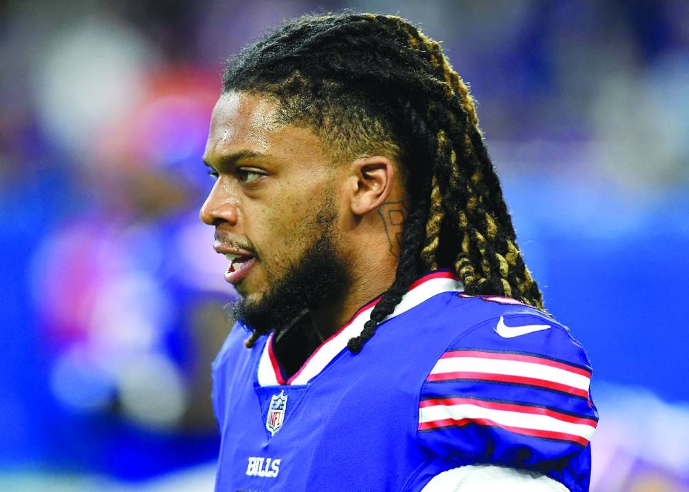 Nov 20, 2022; Detroit, Michigan, USA; Buffalo Bills safety Damar Hamlin warms up before a game against the Cleveland Browns at Ford Field. Mandatory Credit: Lon Horwedel-USA TODAY Sports
