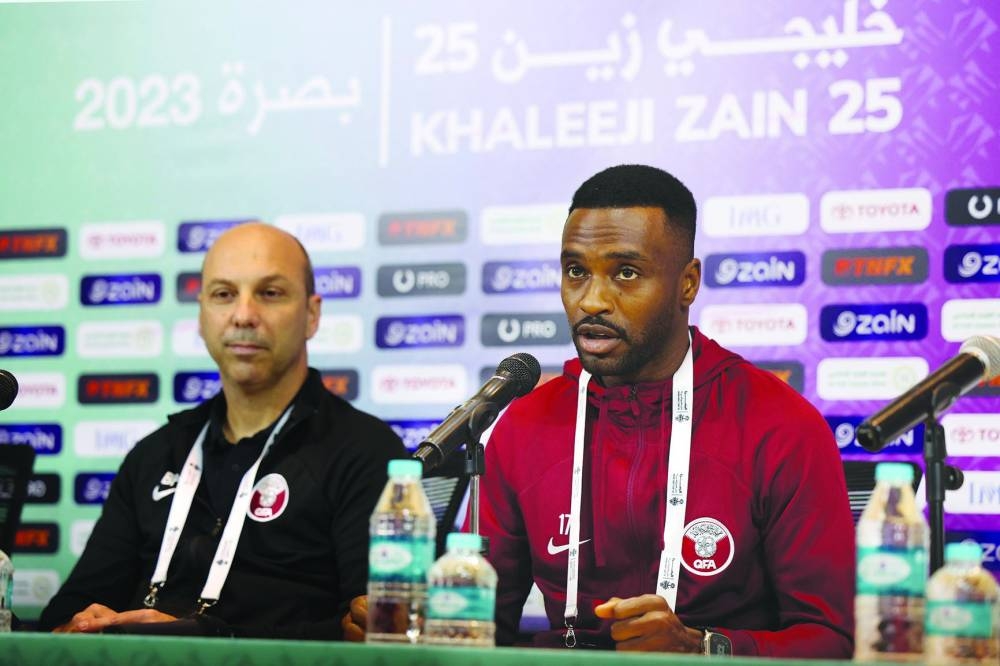 Qatar’s stand-in coach Bruno Pinheiro (left) and captain Ismaeel Mohamed at a press conference on Friday.