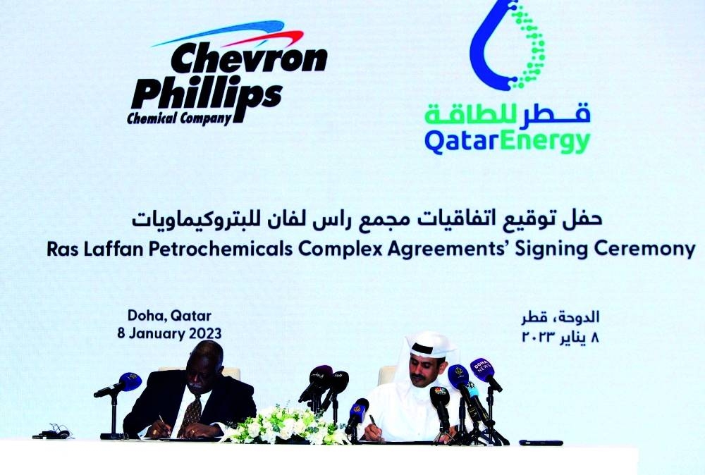 The agreement was signed at the QatarEnergy headquarters on Sunday by HE the Minister of State for Energy Affairs Saad bin Sherida al-Kaabi, also the President and CEO of QatarEnergy, and Bruce Chinn, president and CEO of Chevron Phillips Chemical. PICTURE: Shaji Kayamkulam