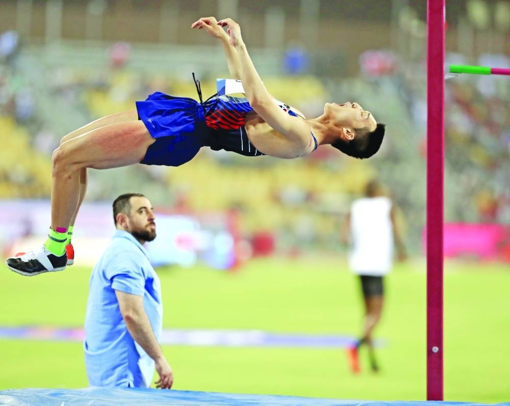  The image captured by Vinod Divakaran shows Korea's world indoor gold medallist Woo Sanghyeok celebrating after clearing 2.33m in high jump at the Wanda Diamond League in Doha.