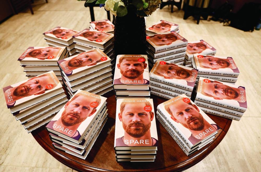 Copies of Britain's Prince Harry's autobiography *Spare are displayed at Waterstones bookstore, in London.