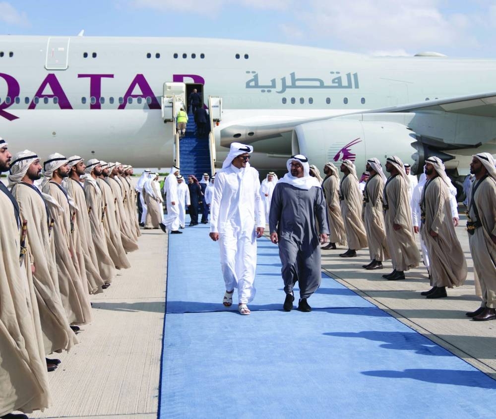 His Highness the Amir Sheikh Tamim bin Hamad al-Thani is being welcomed by UAE President Sheikh Mohamed bin Zayed al-Nahyan on arrival in Abu Dhabi Wednesday to take part in the fraternal consultative meeting. 