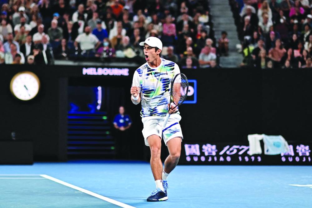 Mackenzie McDonald of the US reacts on a point against Spain’s Rafael Nadal during their singles match on day three of the Australian Open in Melbourne yesterday. (AFP)