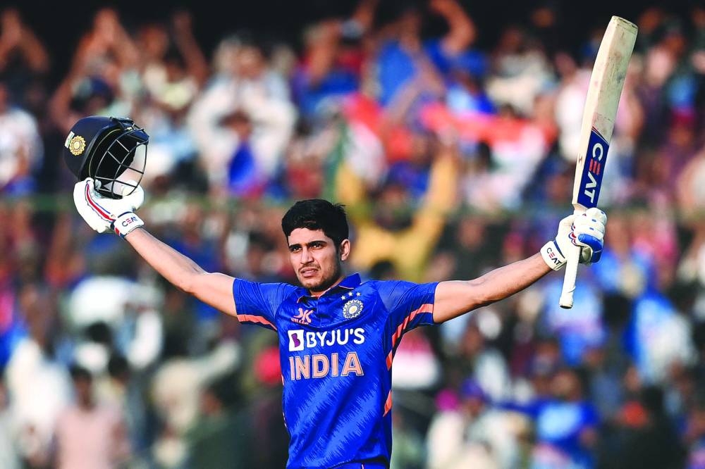 India’s Shubman Gill celebrates after scoring a double century (200 runs) during the first one-day international (ODI) against New Zealand at the Rajiv Gandhi International Cricket Stadium in Hyderabad yesterday. (AFP) 