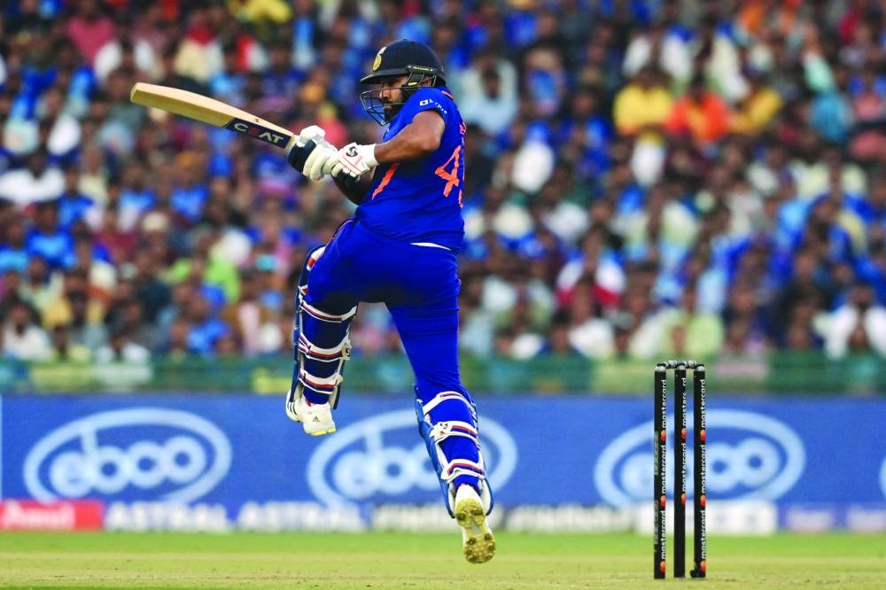 India’s captain Rohit Sharma plays a shot during the second ODI against New Zealand at the Shaheed Veer Narayan Singh International Cricket Stadium in Raipur yesterday. (AFP)