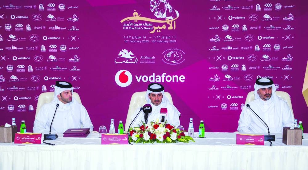QEF president Bader al-Darwish (centre), Chairman of the Supreme Organising Committee for HH The Amir’s Sword Showjumping and Dressage Championship and Secretary-General of QEF Sheikh Ahmad bin Noah al-Thani (left) and championship director Ali bin Yousef al-Rumaihi at a press conference yesterday.