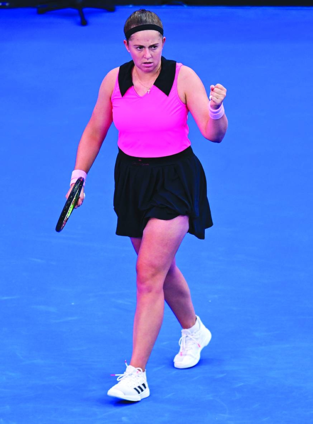 Former finalist Jelena Ostapenko of Latvia celebrates beating Madison Keys of the  US in straight sets. 