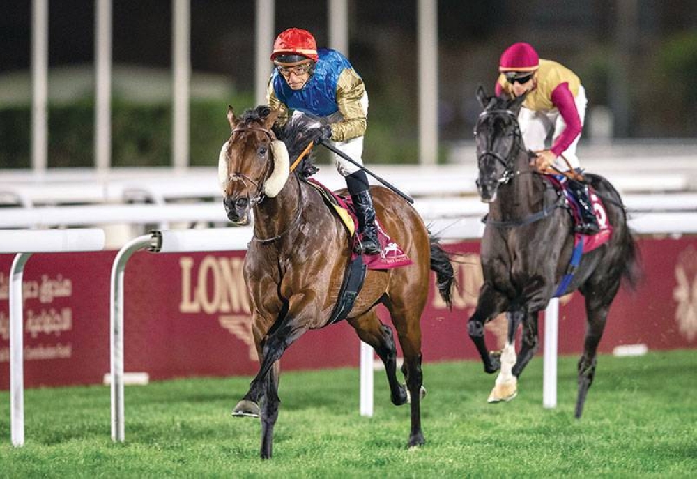 Ronan Thomas rides Equinoxe to Al Rayyan Breeders Cup victory during the HH The Amir Sword Festival at the Qatar Racing and Equestrian Club’s Al Rayyan Racecourse on Friday. PICTURES: Juhaim