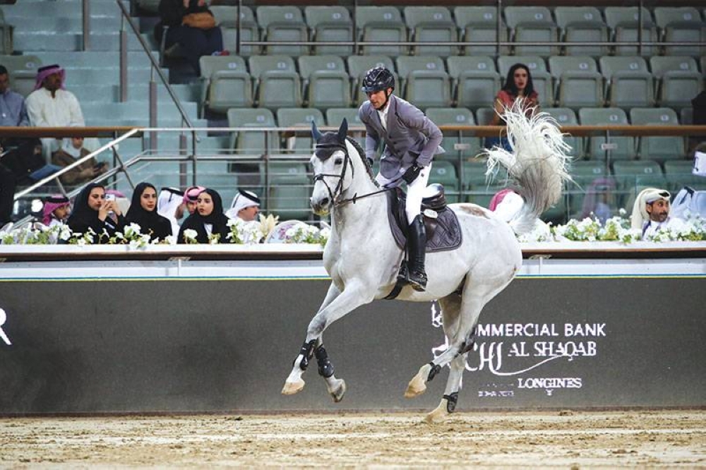 Germany’s Christian Kukuk and his 11-year-old grey stallion Mumbai in action during the Commercial Bank CHI Al Shaqab Presented by Longines at the Al Shaqab arena yesterday: PICTURE: Stefano Grasso / CHI Al Shaqab