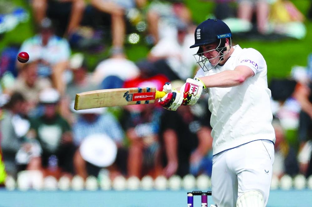 England’s Harry Brook pulls en route to an unbeaten 184 during day one of the second Test against New Zealand at the Basin Reserve in Wellington on Friday. (AFP)