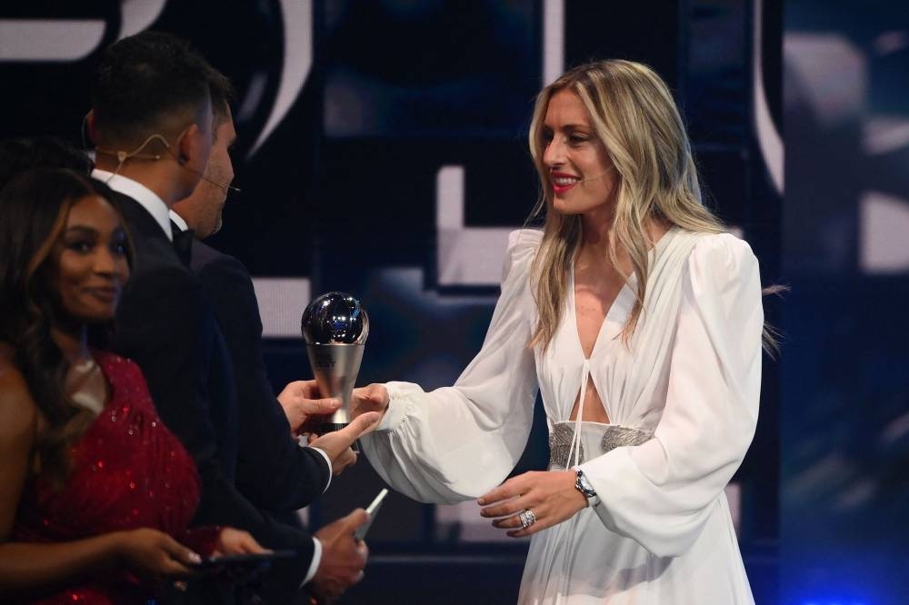 Spain and Barcelona forward Alexia Putellas receives an award for the FIFA FIFPRO women's World11.