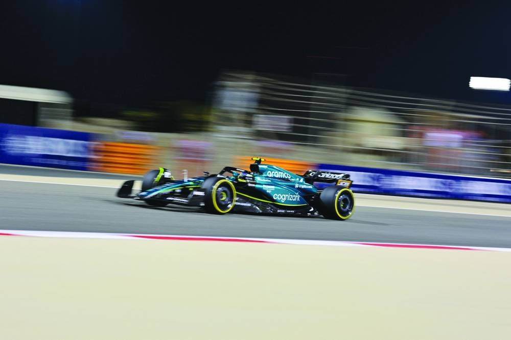 Aston Martin’s Spanish driver Fernando Alonso drives during the second practice session of the Bahrain F1 Grand Prix at the Bahrain International Circuit in Sakhir on Friday. (AFP)