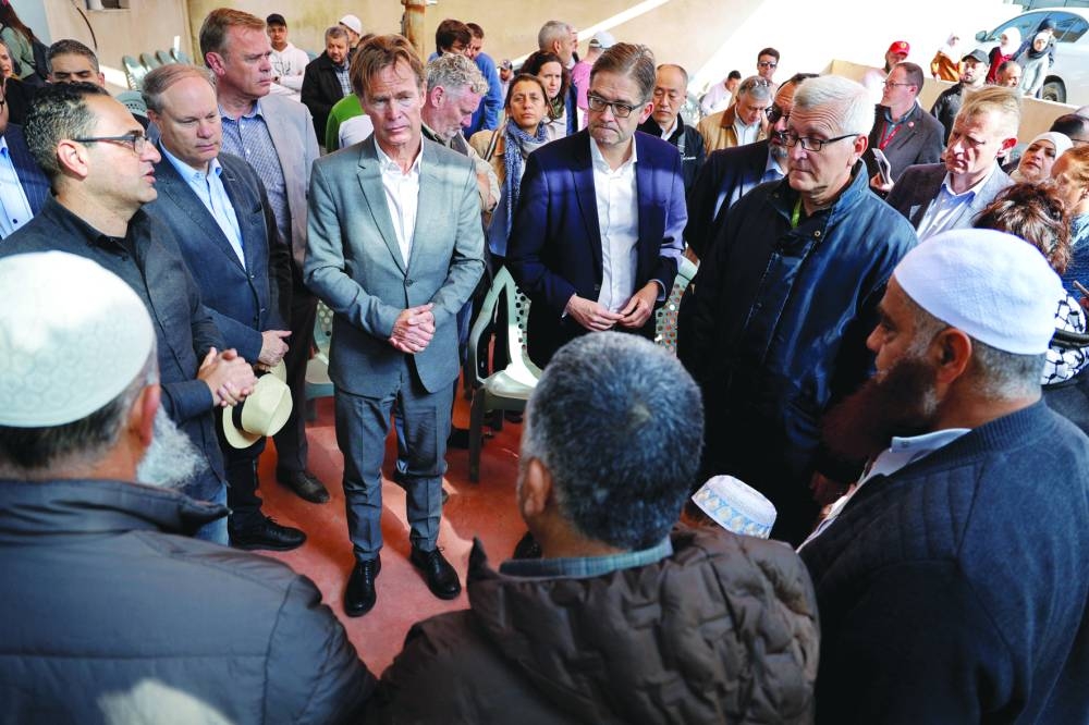 Sven Kuhn von Burgsdorff, the representative ambassador of the European Union in Palestine, attends a meeting as EU representatives and human rights organisations visit Palestinian families after an Israeli settlers' rampage in Huwara, in the occupied West Bank, yesterday.