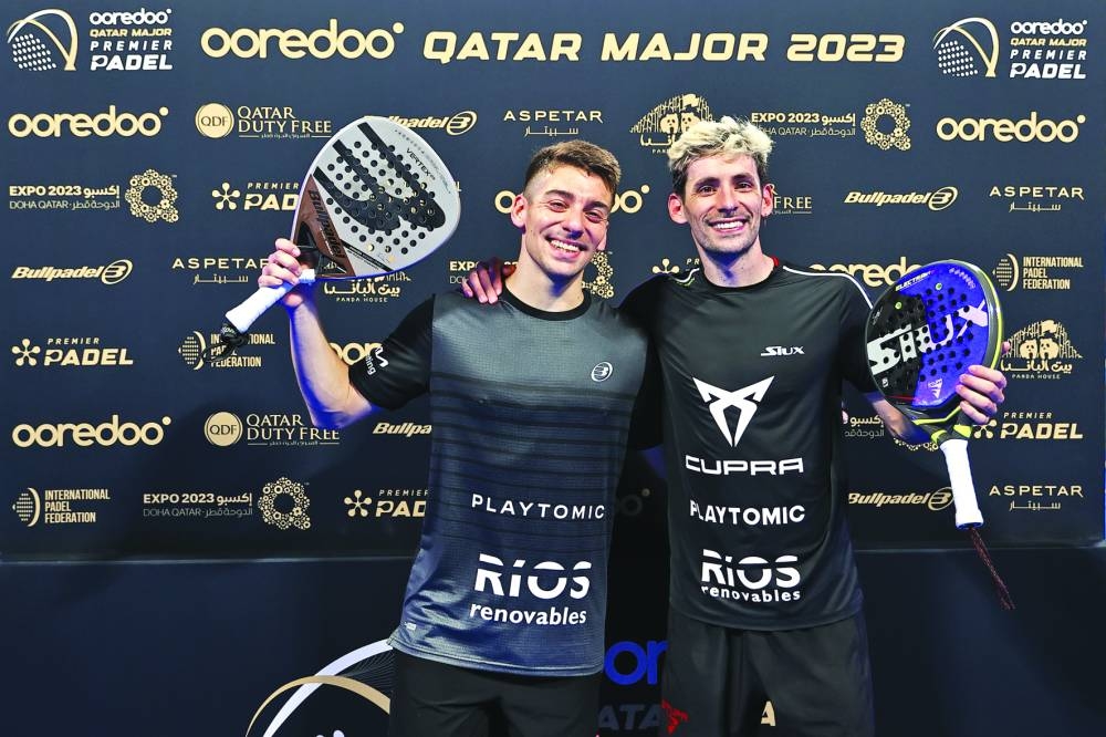 Argentinian pair Franco Stupaczuk and Martin Di Nenno celebrate reaching the final of the Ooredoo Qatar Major 2023 at the Khalifa Tennis and Squash Complex.