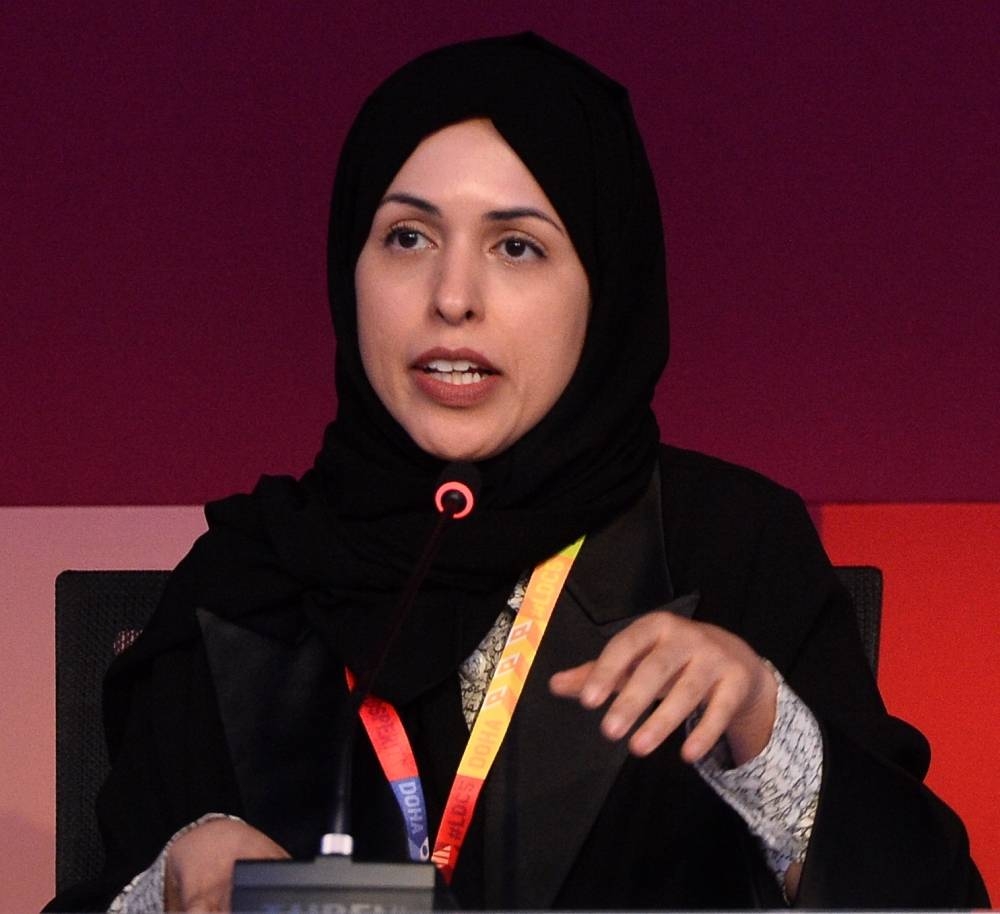 HE the Permanent Representative of Qatar to the United Nations Sheikha Alya Ahmed bin Saif Al-Thani at the press conference yesterday. PICTURE: Shaji Kayamkulam.