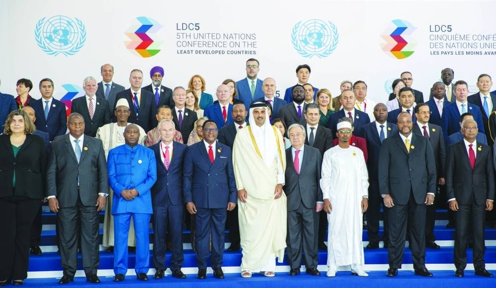 His Highness the Amir Sheikh Tamim bin Hamad al-Thani with guests at the opening of the Fifth UN Conference on the Least Developed Countries (LDC5) at the QNCC Sunday.