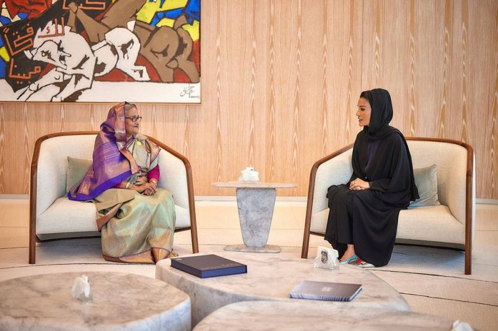 Her Highness Sheikha Moza bint Nasser, Chairperson of Education Above All and Silatech, meets with Prime Minister of the Peoples Republic of Bangladesh Sheikh Hasina Wazed.' PICTURE: Aisha al-Musallam