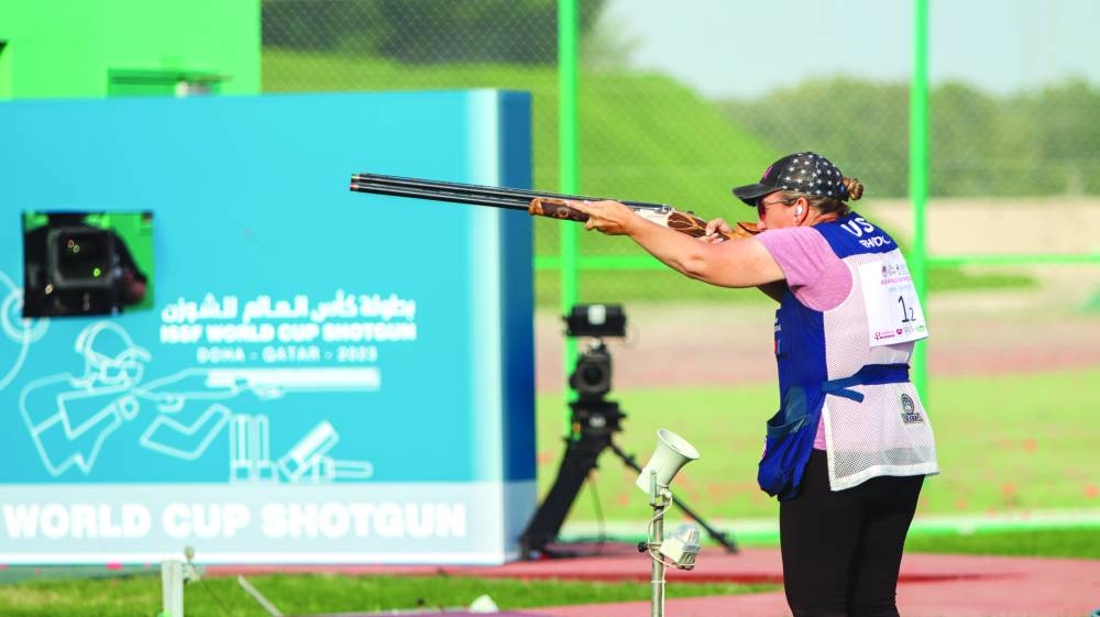American Kimberly Rhode in action at the Lusail Shooting Range on Wednesday.
