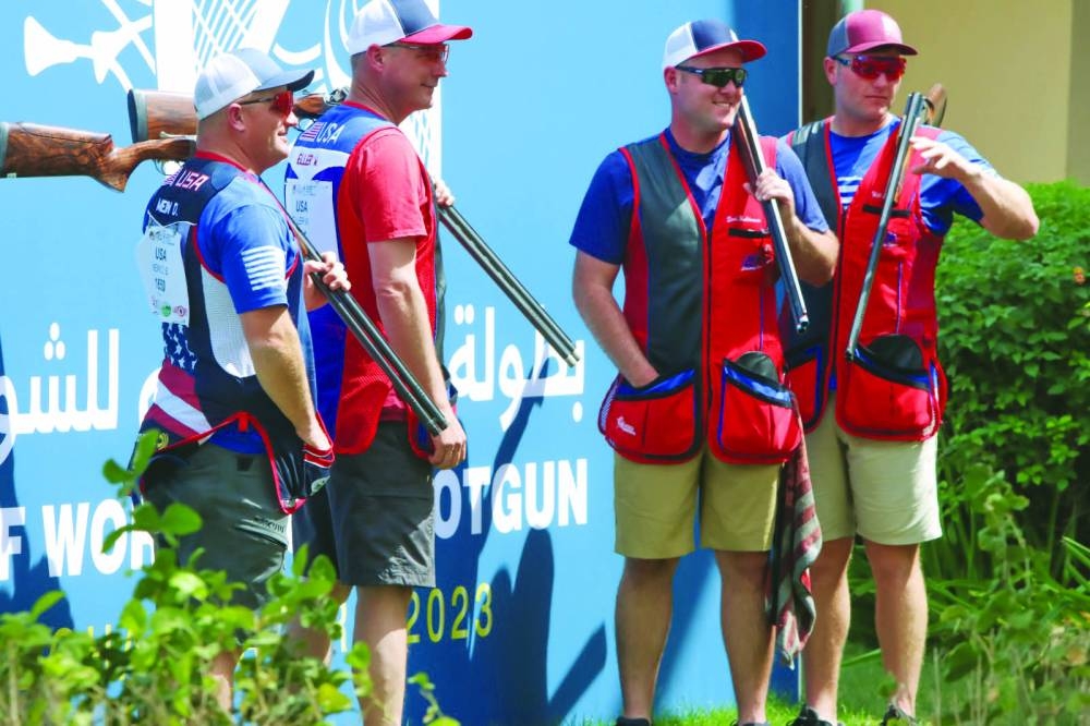 Shooters in action during pre-event training for men’s and women’s trap events on the fifth day of the ISSF World Cup Shotgun Doha 2023 at the Lusail Shooting Range yesterday. The pre-event training was followed by trap equipment control and a technical meeting. Today, shooters will try to hit 75 trap targets before tomorrow’s finals. The eight-day tournament, organised by the Qatar Shooting & Archery Association under the auspices of the International Shooting Sport Federation (ISSF), sees over 450 marksmen from 63 countries in action. Shotgun Doha 2023 is the second of six similar events in the 2023 ISSF World Cup which includes a series of 12 tournaments being held in 11 countries.